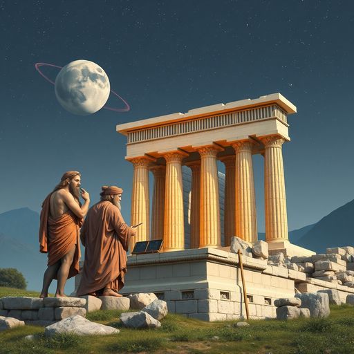 Generate an image of a greek civilization with socrate teaching his students about space and astronomy