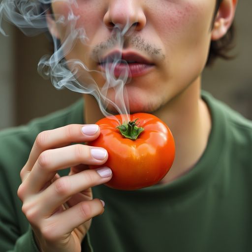 person smoking a tomato