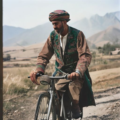 A man is cycling in northern Pakistani old in Gilgit dress