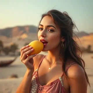 create image woman eating mango in desert