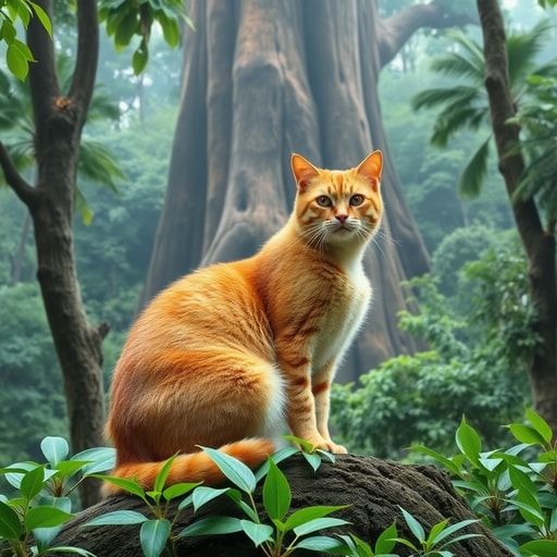 plz generate cat pic that sat on a jungle and there is huge trees cat stunning on trees